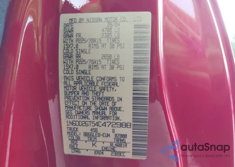 2004 Nissan Frontier Xe from USA, damaged, VIN 1N6DD26T54C472988